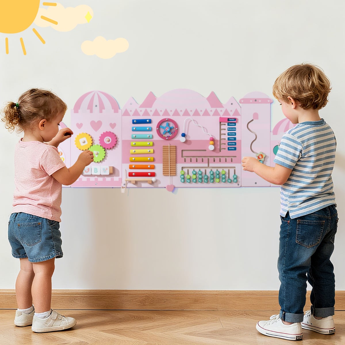 11-in-1 Activity Wall Busy Board Panels for Toddlers-Pink