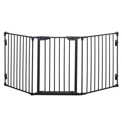 PawHut Pet Safety Gate, 3 Panels Playpen Fireplace, Foldable Metal Fence, Stair Barrier, Room Divider, Fire Guard w/ Automatic Closing Door, Black