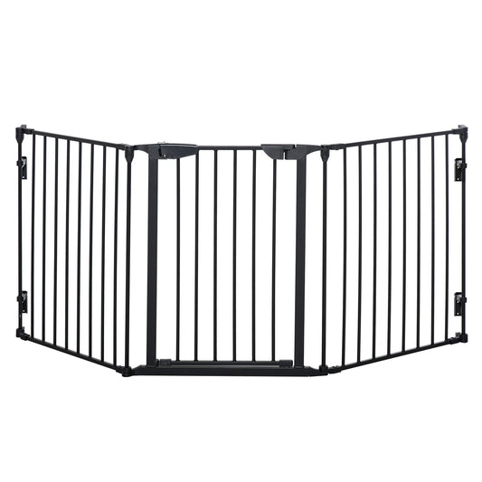 PawHut Pet Safety Gate, 3 Panels Playpen Fireplace, Foldable Metal Fence, Stair Barrier, Room Divider, Fire Guard w/ Automatic Closing Door, Black