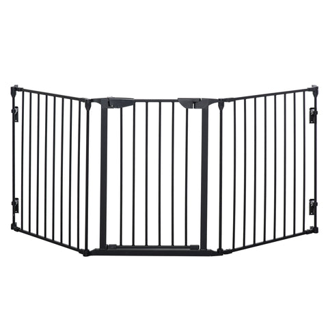 PawHut Pet Safety Gate, 3 Panels Playpen Fireplace, Foldable Metal Fence, Stair Barrier, Room Divider, Fire Guard w/ Automatic Closing Door, Black