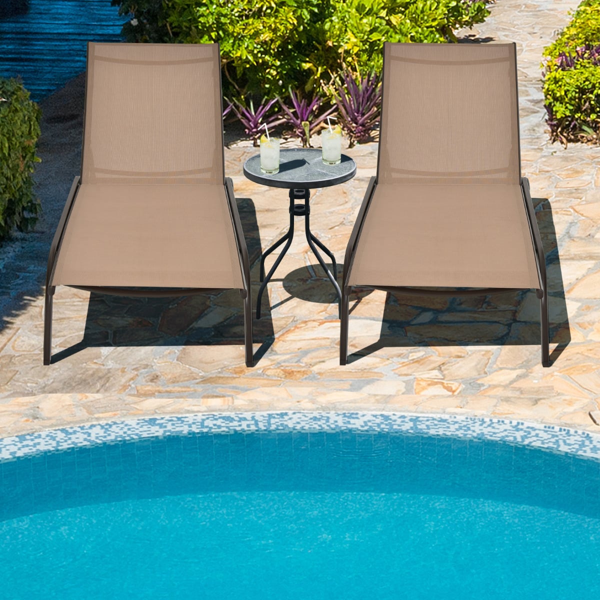 Adjustable Chaise Lounge with Smooth Wheels and Quick-drying Fabric-Coffee