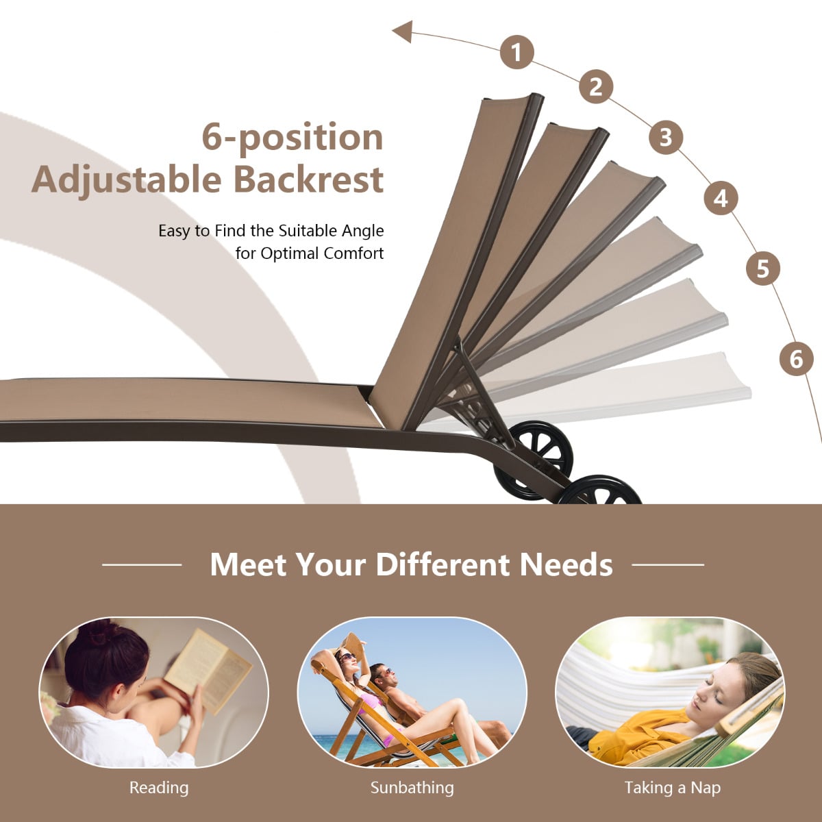 Adjustable Chaise Lounge with Smooth Wheels and Quick-drying Fabric-Coffee