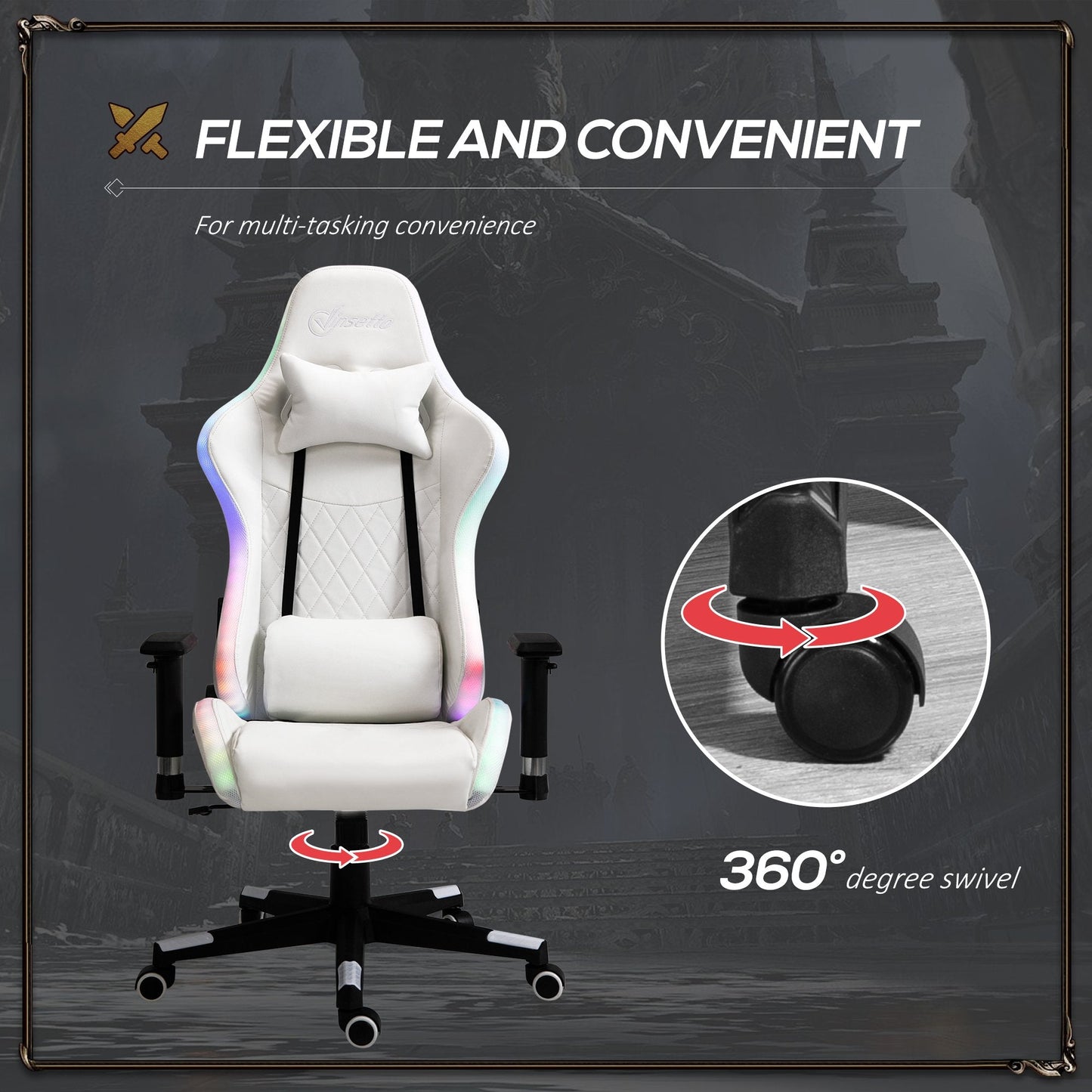 Vinsetto Gaming Chair w/ RGB LED Light, Arm, Swivel Home Office Gamer Recliner, White