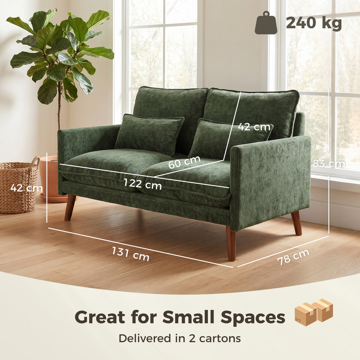HOMCOM 2 Seater Sofa, Loveseat Sofa with Spring Cushions, Wide and Deep Seat, Wood Legs, Green