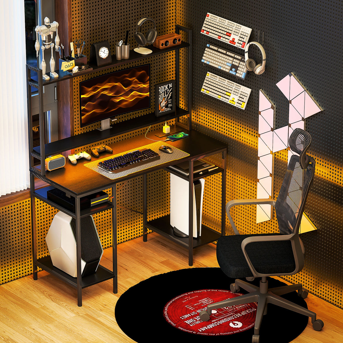 HOMCOM Computer Desk with Power Outlets and LED Lights, Home Office Desk with Monitor Stand, 2 CPU Stands and Storage Shelves, Study Table Gaming Desk with Hutch, Black