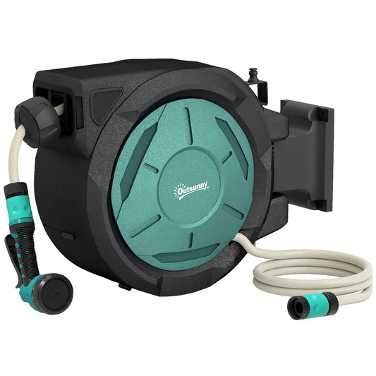 Outsunny Retractable Hose Reel Wall Mounted, 20+2m Garden Hose Pipe Reel with Lock, Auto Rewind, 7 in 1 Spray Nozzle, Includes Wall Fixings, 180Â° Swivel, Outdoor Watering, 54 x 20 x 39 cm, Black