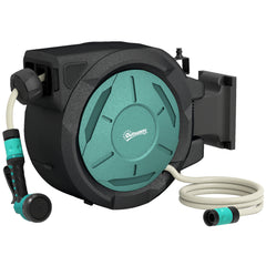 Outsunny Retractable Hose Reel Wall Mounted, 20+2m Garden Hose Pipe Reel with Lock, Auto Rewind, 7 in 1 Spray Nozzle, Includes Wall Fixings, 180Â° Swivel, Outdoor Watering, 54 x 20 x 39 cm, Black