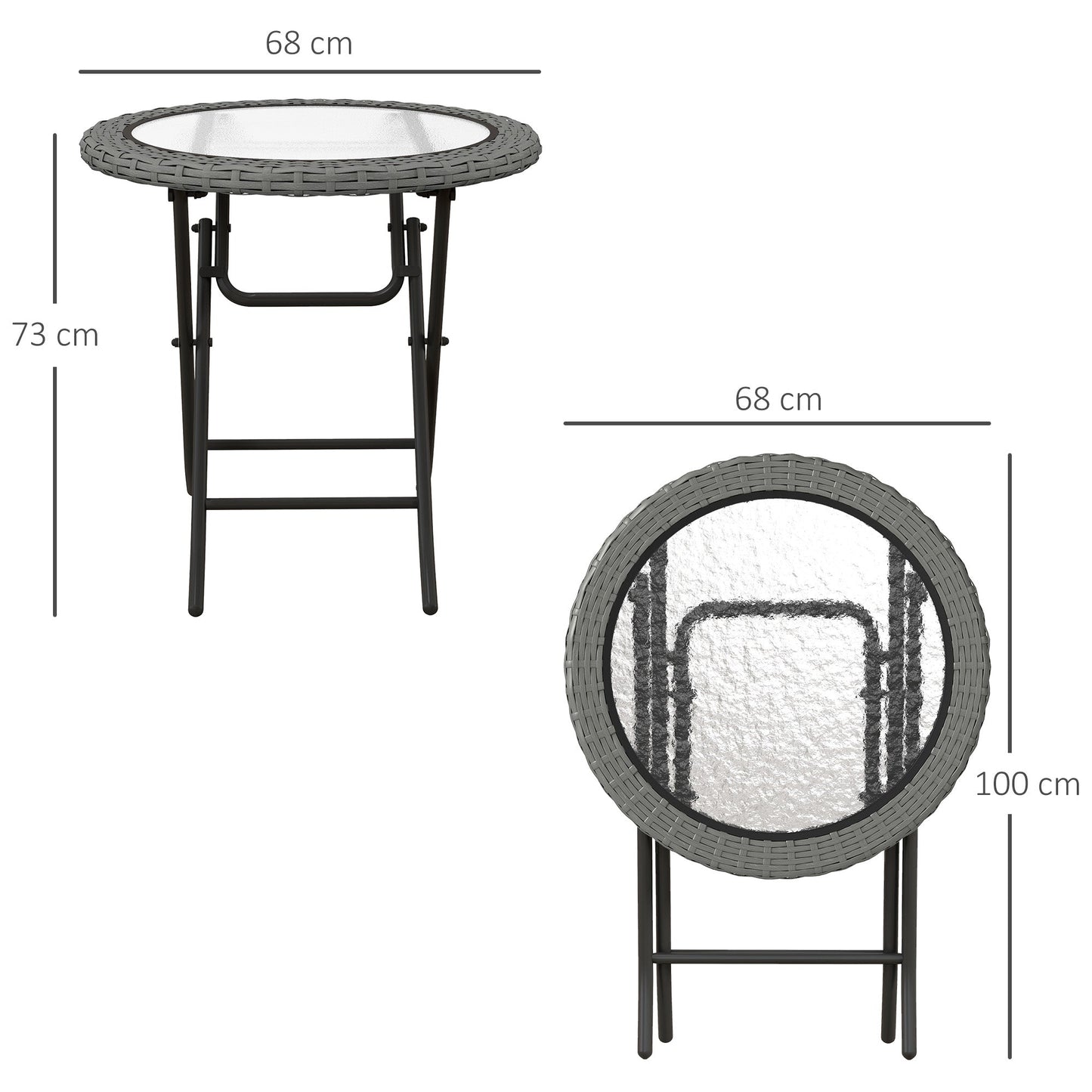 Outsunny Folding Rattan Garden Dining Table, 68 cm Round Rattan Garden Table with Water Ripple Tempered Glass Top, Wicker Edging and Steel Frame for Outdoor, Patio, Grey