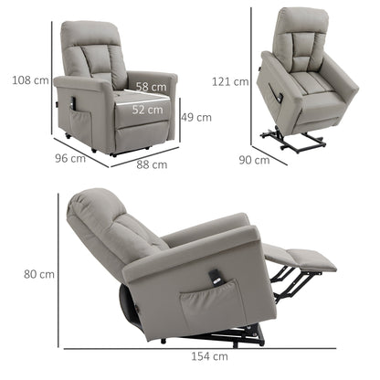HOMCOM Power Lift Chair Armchair for the Elderly, PU Leather Recliner Chair with Extended Footrest, Remote Control and Side Pocket, Grey