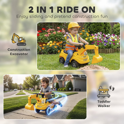 AIYAPLAY Ride On Tractor Digger, Toddler Excavator Toy Car with Adjustable Bucket, Horn, Under Seat Storage for Ages 1-3 Y Yellow
