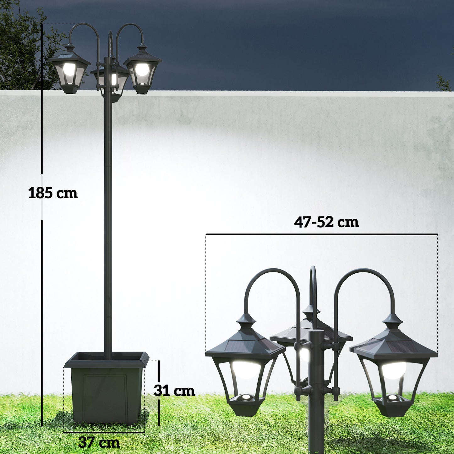 Outsunny Solar Lamp Post with Dusk-to-Dawn Sensor Street Light with 3-Head Planter 185 cm Black
