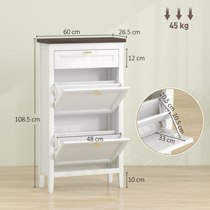 HOMCOM Shoe Cabinet with 2 Flip Drawers, Farmhouse Narrow Shoe Storage Cabinet with Adjustable Shelves, White