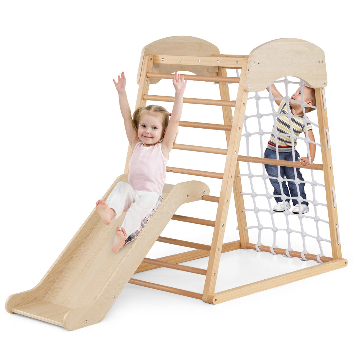 6 in 1 Pull Up Bar & Slide & Climbing Rock & Climbing Net & Ladder & Tunnel Climbing Frame Natural
