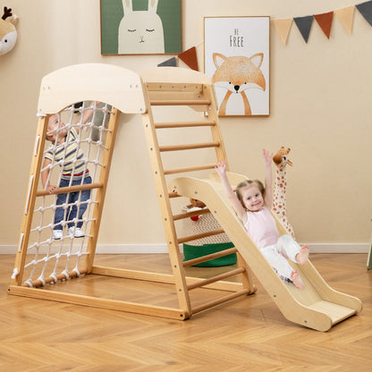 6 in 1 Pull Up Bar & Slide & Climbing Rock & Climbing Net & Ladder & Tunnel Climbing Frame Natural