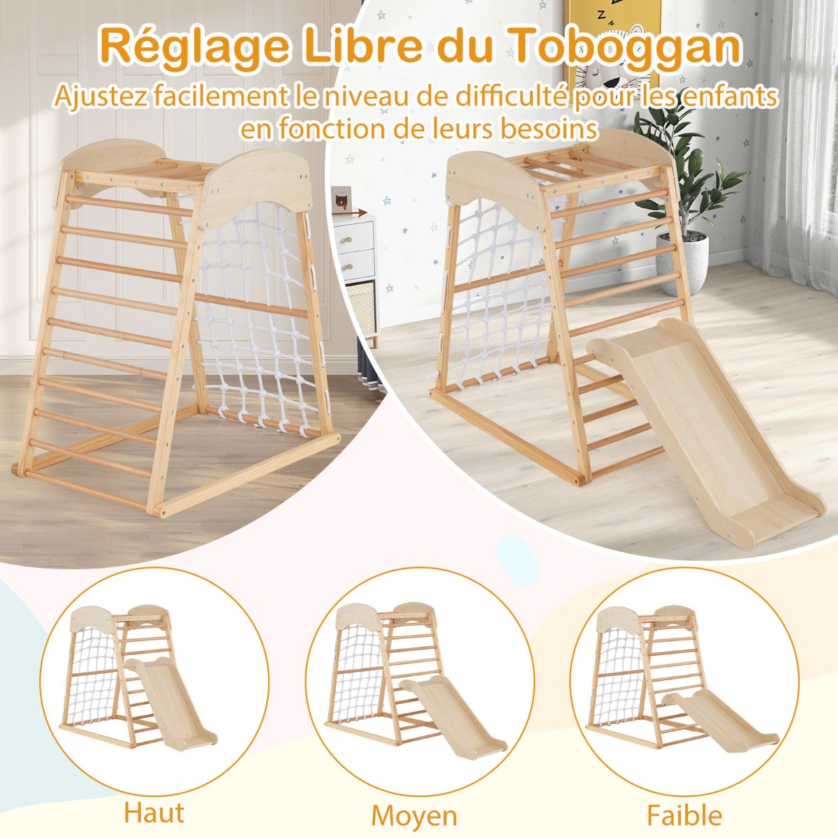 6 in 1 Pull Up Bar & Slide & Climbing Rock & Climbing Net & Ladder & Tunnel Climbing Frame Natural