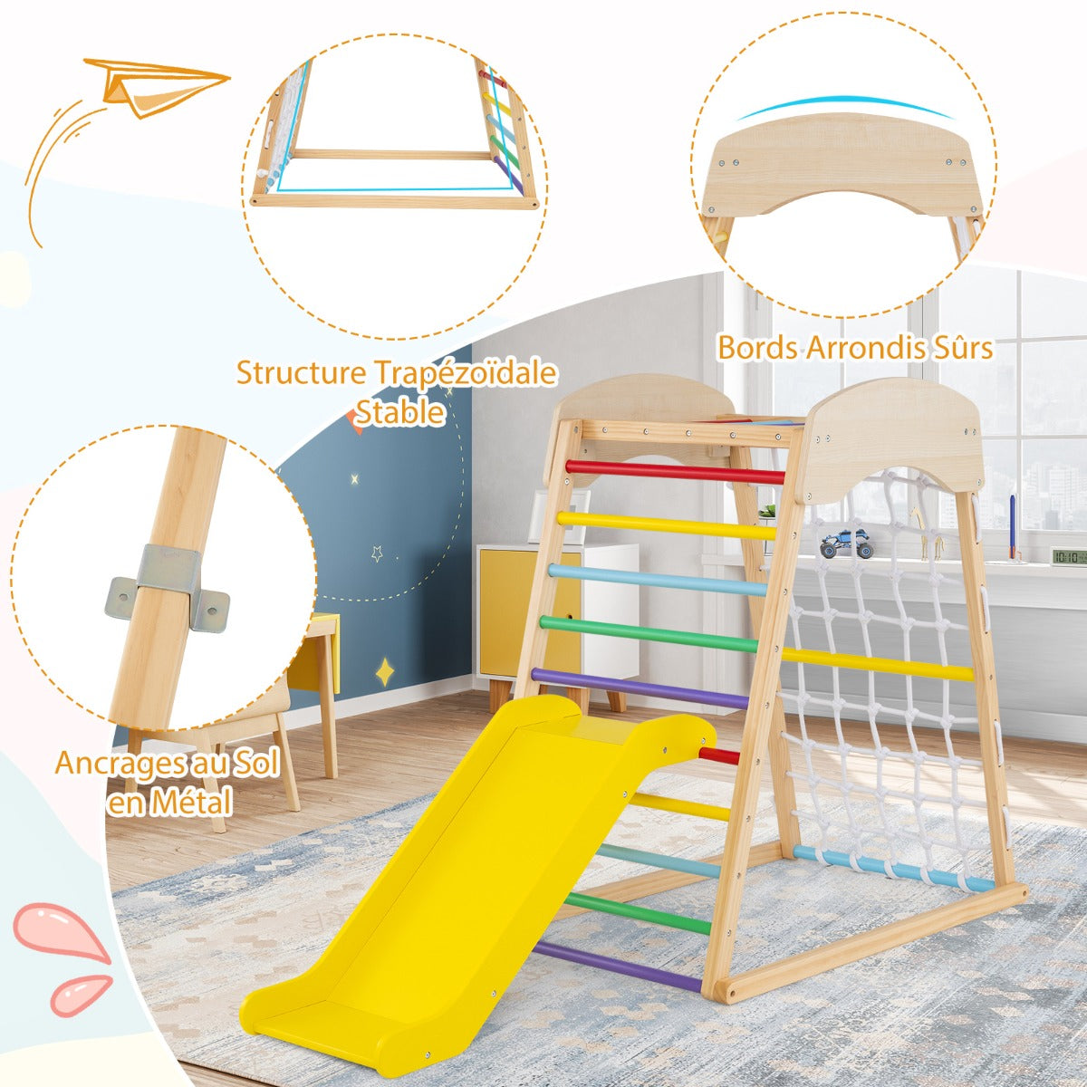 6 in 1 Pull Up Bar & Slide & Climbing Rock & Climbing Net & Ladder & Tunnel Climbing Frame Colorful