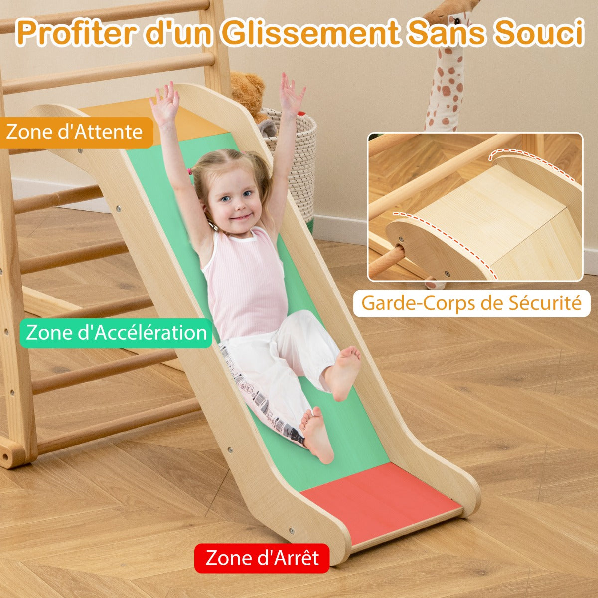 6 in 1 Pull Up Bar & Slide & Climbing Rock & Climbing Net & Ladder & Tunnel Climbing Frame Natural