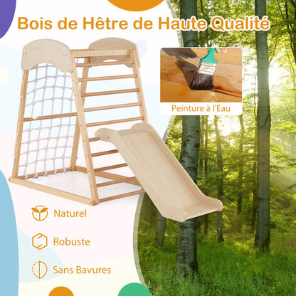 6 in 1 Pull Up Bar & Slide & Climbing Rock & Climbing Net & Ladder & Tunnel Climbing Frame Natural