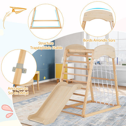 6 in 1 Pull Up Bar & Slide & Climbing Rock & Climbing Net & Ladder & Tunnel Climbing Frame Natural