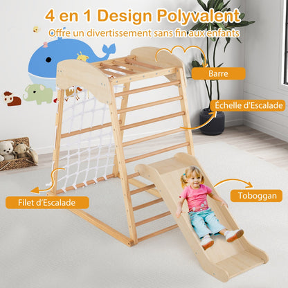 6 in 1 Pull Up Bar & Slide & Climbing Rock & Climbing Net & Ladder & Tunnel Climbing Frame Natural