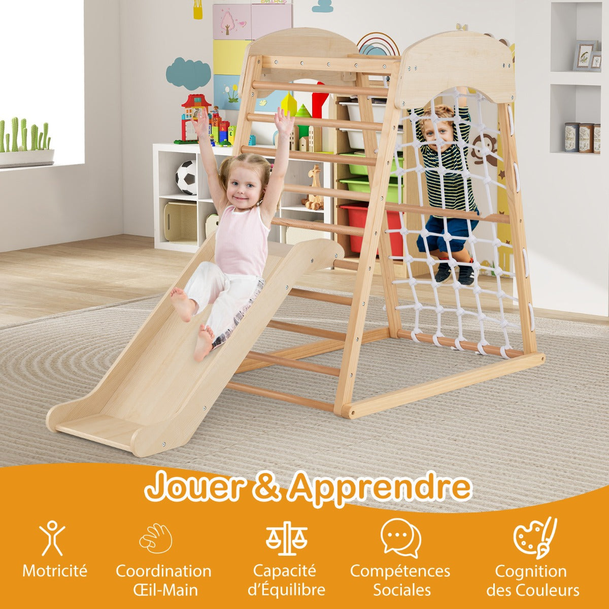 6 in 1 Pull Up Bar & Slide & Climbing Rock & Climbing Net & Ladder & Tunnel Climbing Frame Natural