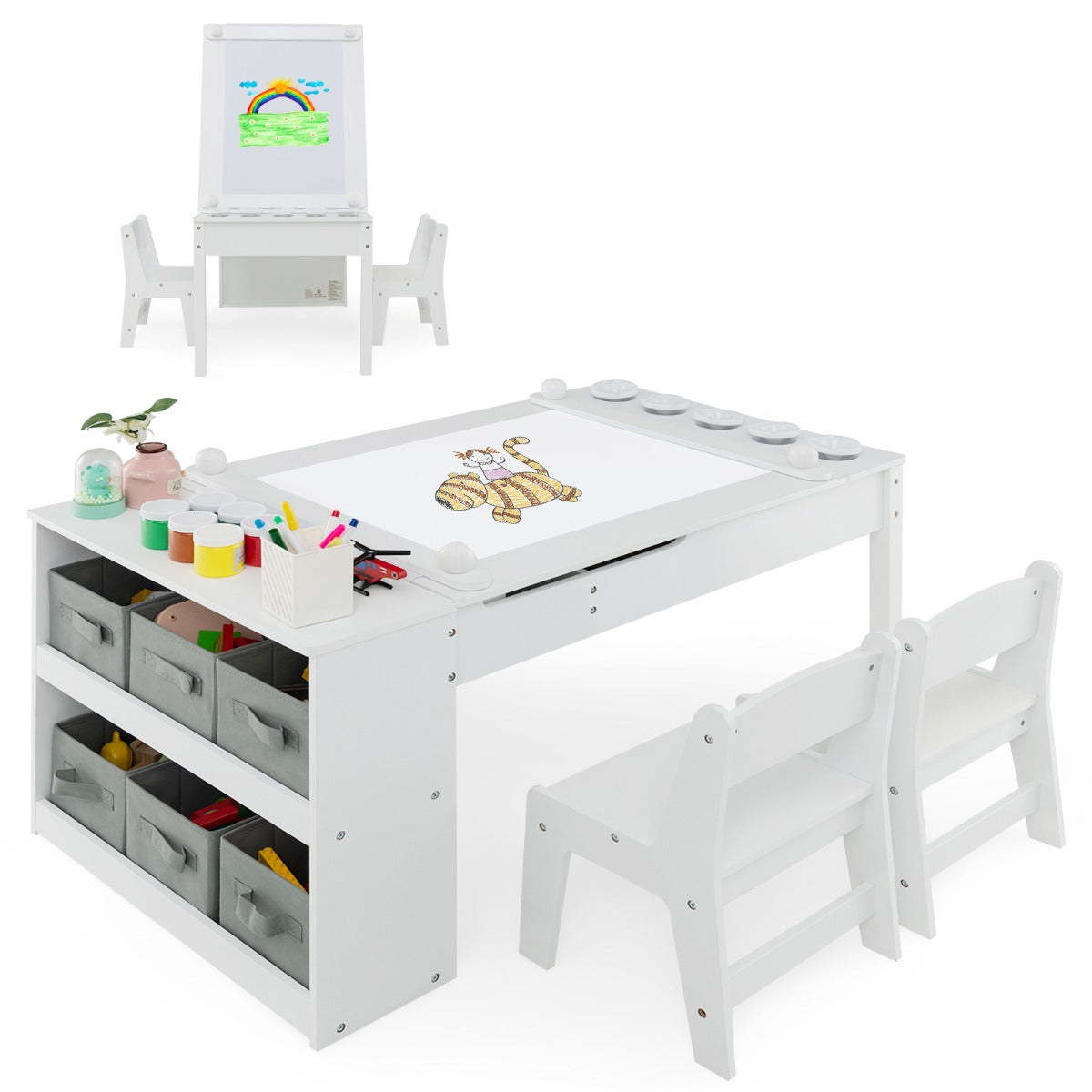 3 in 1 activity table & easel with liftable table top & 6 fabric containers & paper roll white