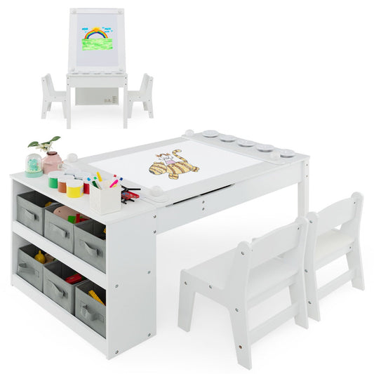 3 in 1 activity table &amp; easel with liftable table top &amp; 6 fabric containers &amp; paper roll white