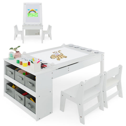 3 in 1 activity table & easel with liftable table top & 6 fabric containers & paper roll white