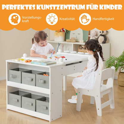 3 in 1 activity table & easel with liftable table top & 6 fabric containers & paper roll white