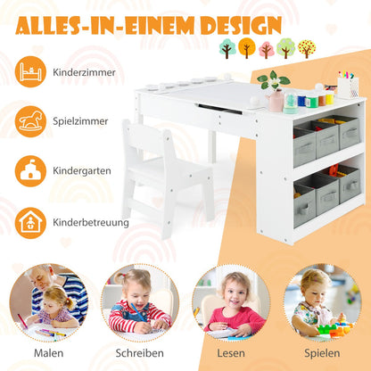 3 in 1 activity table & easel with liftable table top & 6 fabric containers & paper roll white