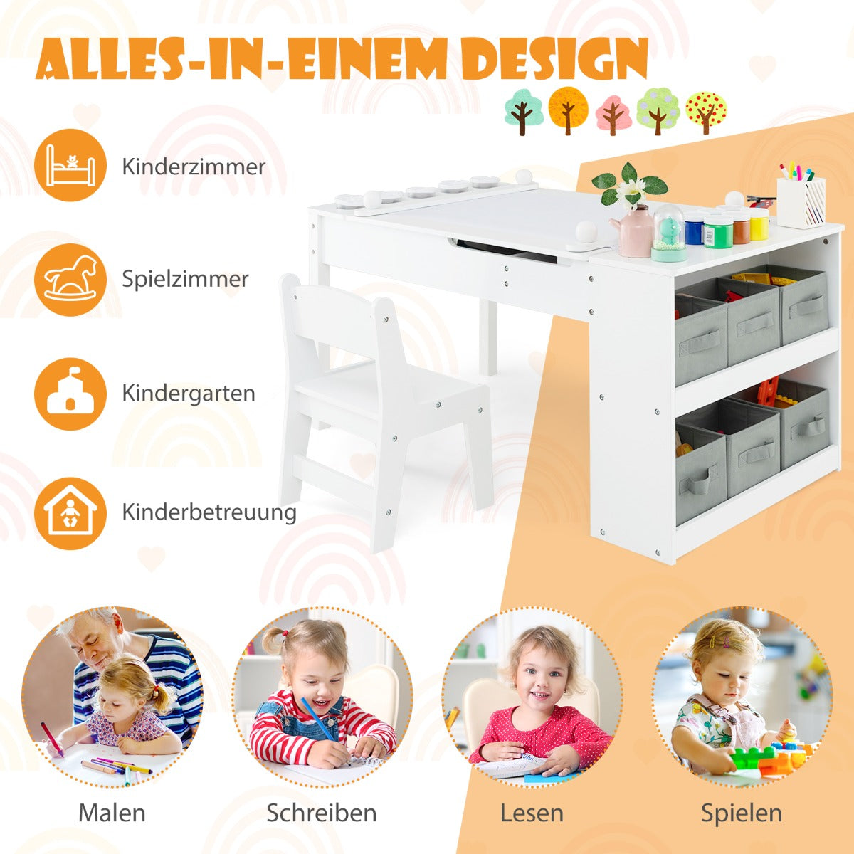 3 in 1 activity table &amp; easel with liftable table top &amp; 6 fabric containers &amp; paper roll white