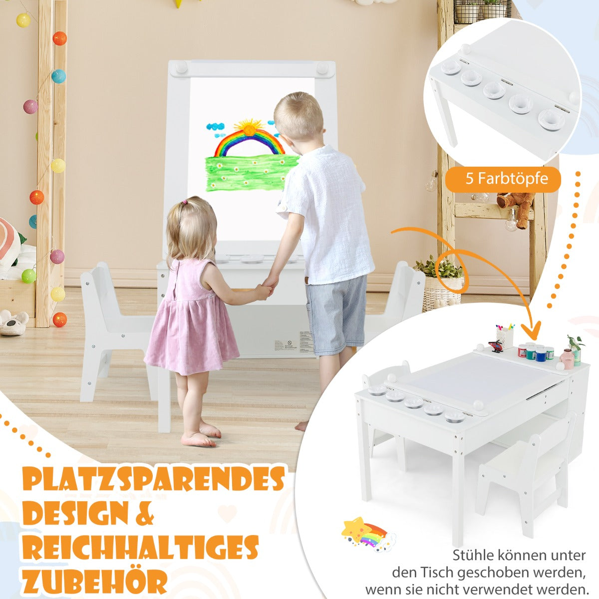 3 in 1 activity table & easel with liftable table top & 6 fabric containers & paper roll white