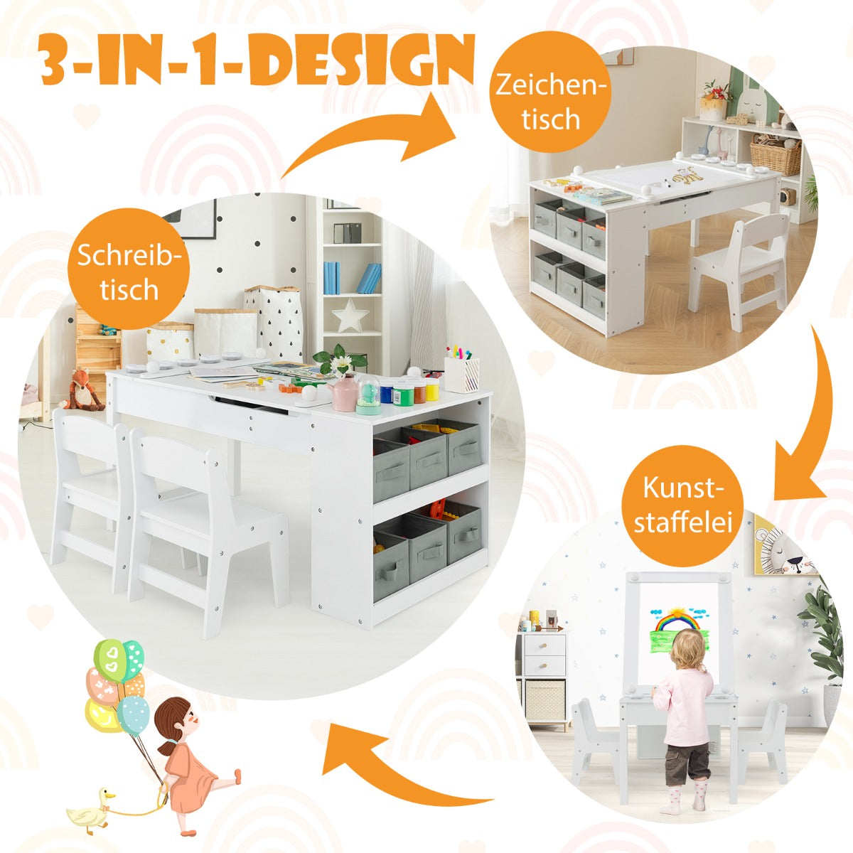 3 in 1 activity table & easel with liftable table top & 6 fabric containers & paper roll white