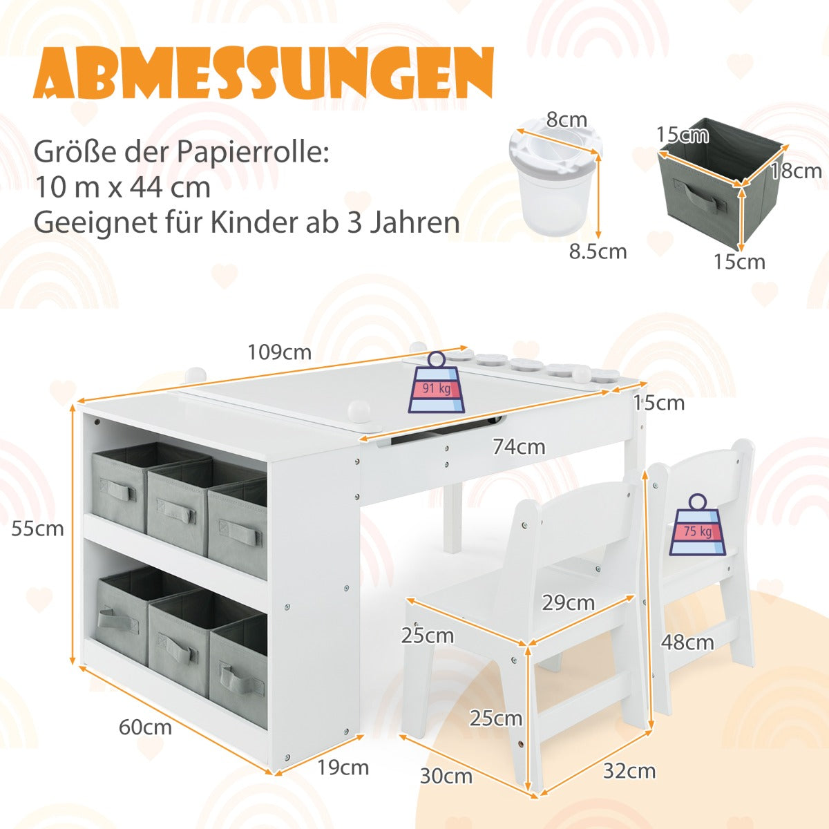 3 in 1 activity table & easel with liftable table top & 6 fabric containers & paper roll white