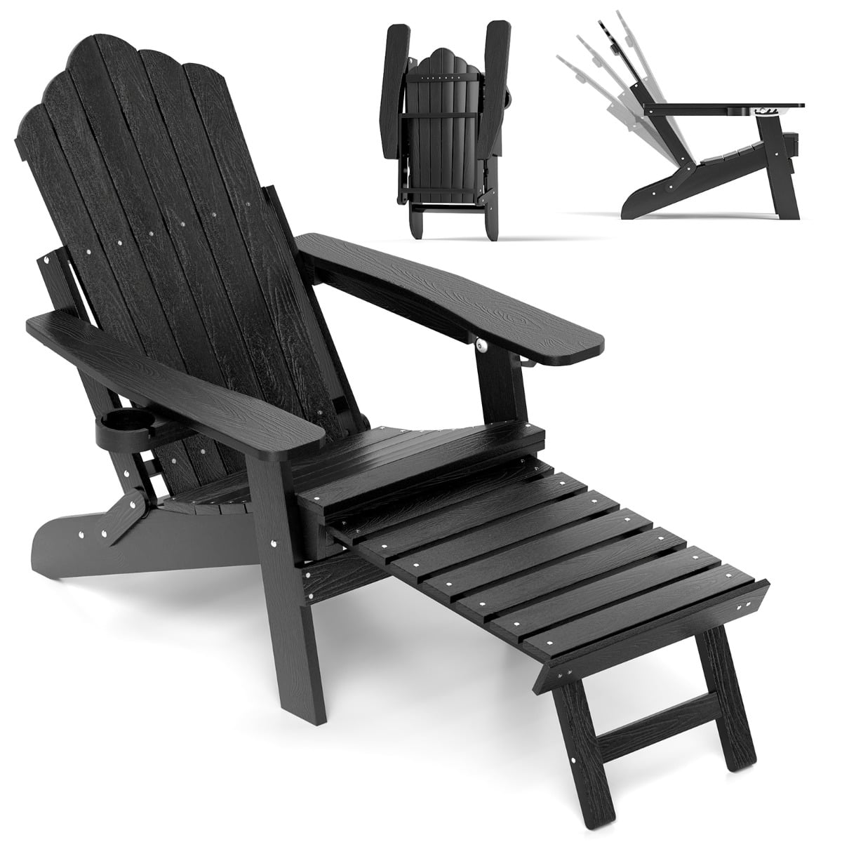 All-Weather HIPS Lounge Patio Adirondack Chair with Retractable Footrest-Black