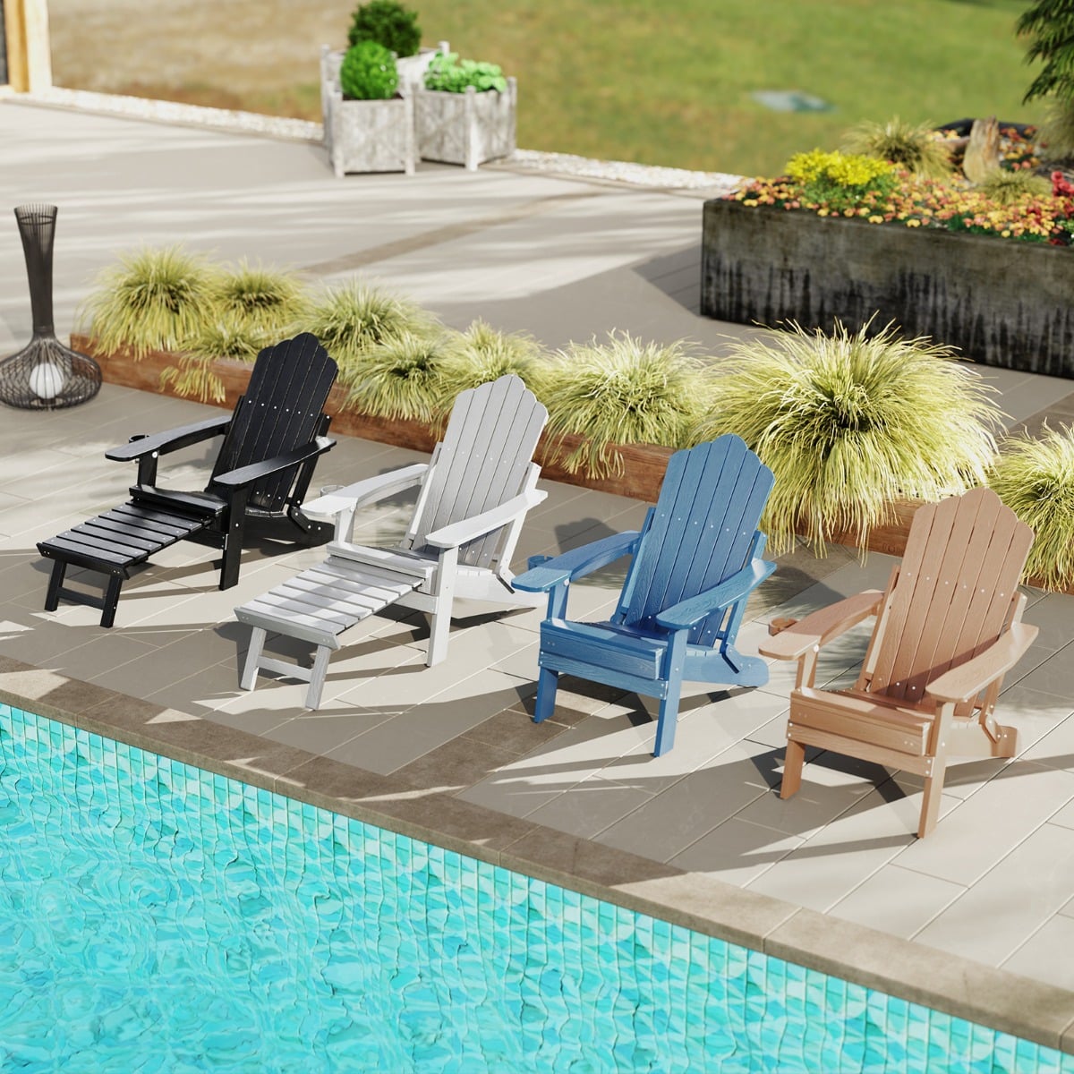 All-Weather HIPS Lounge Patio Adirondack Chair with Retractable Footrest-Black