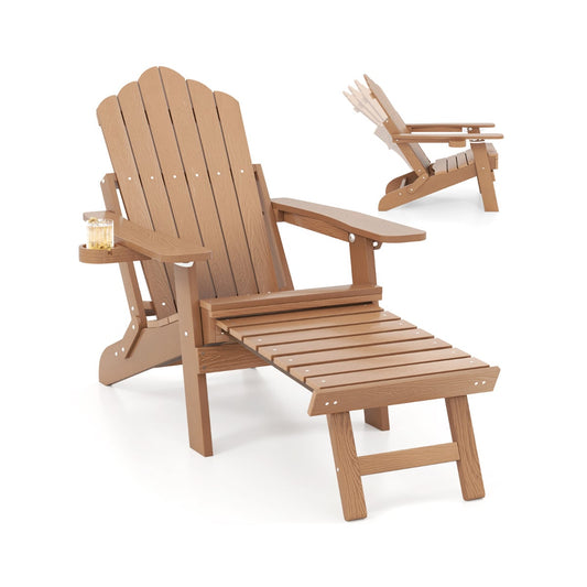 All-Weather HIPS Lounge Patio Adirondack Chair with Retractable Footrest-Brown