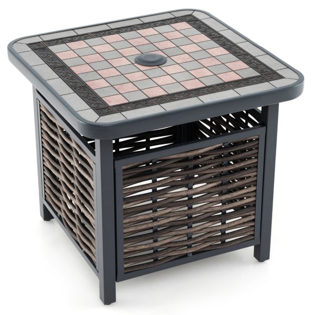 55cm Outdoor PE Rattan Side Table with Umbrella Hole and Metal Frame