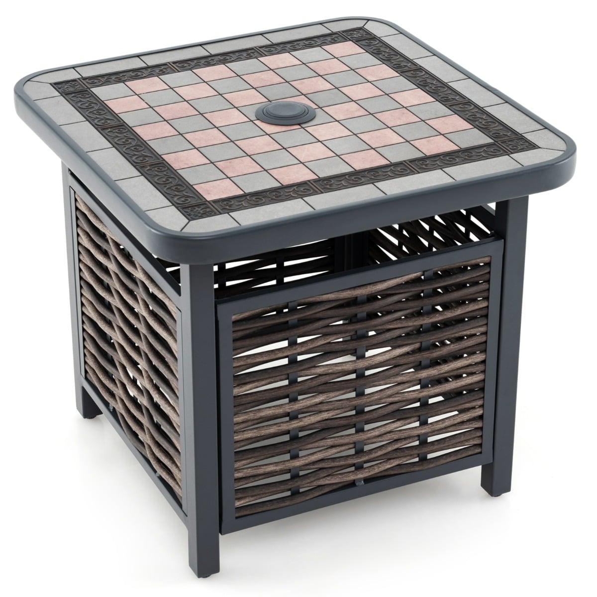 All Weather Patio Square End Table with Resin Tabletop and Umbrella Hole