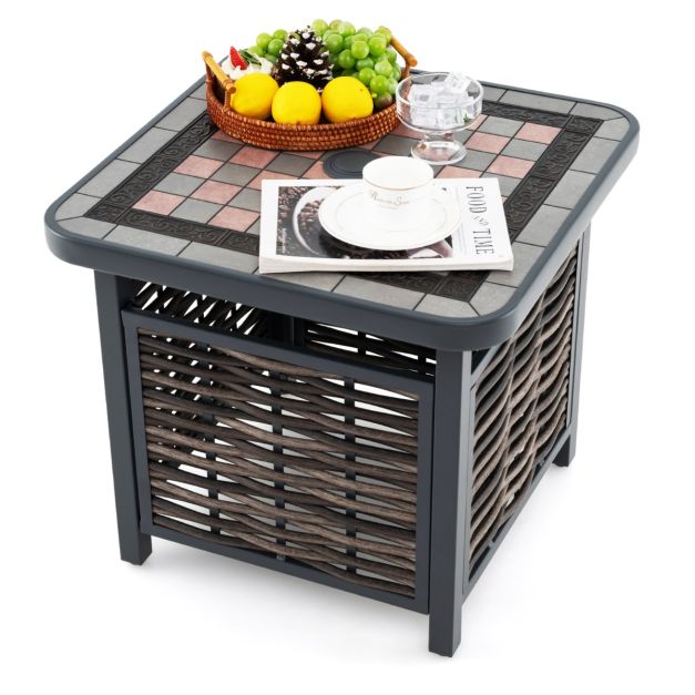 55cm Outdoor PE Rattan Side Table with Umbrella Hole and Metal Frame