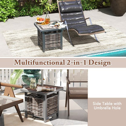 55cm Outdoor PE Rattan Side Table with Umbrella Hole and Metal Frame