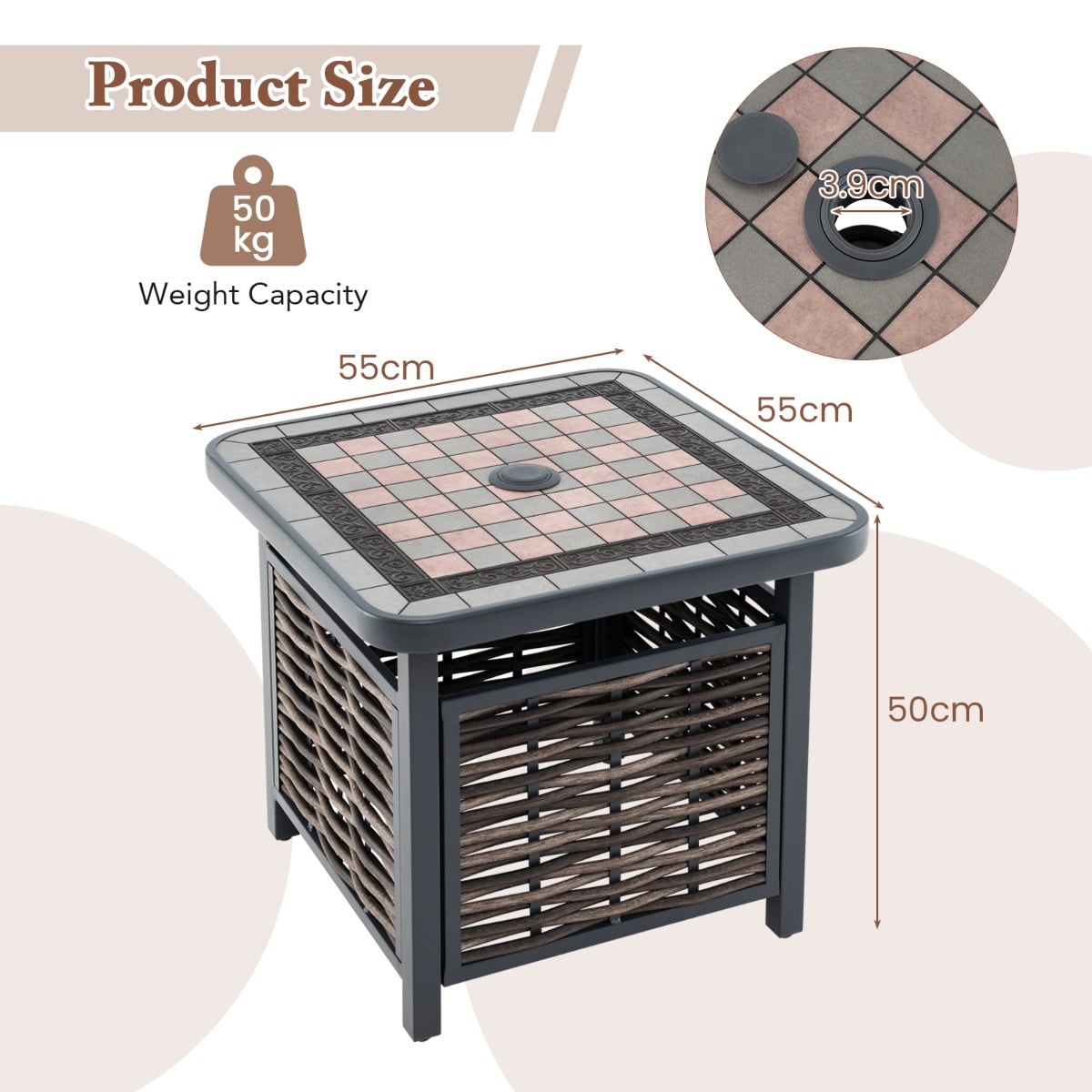 All Weather Patio Square End Table with Resin Tabletop and Umbrella Hole