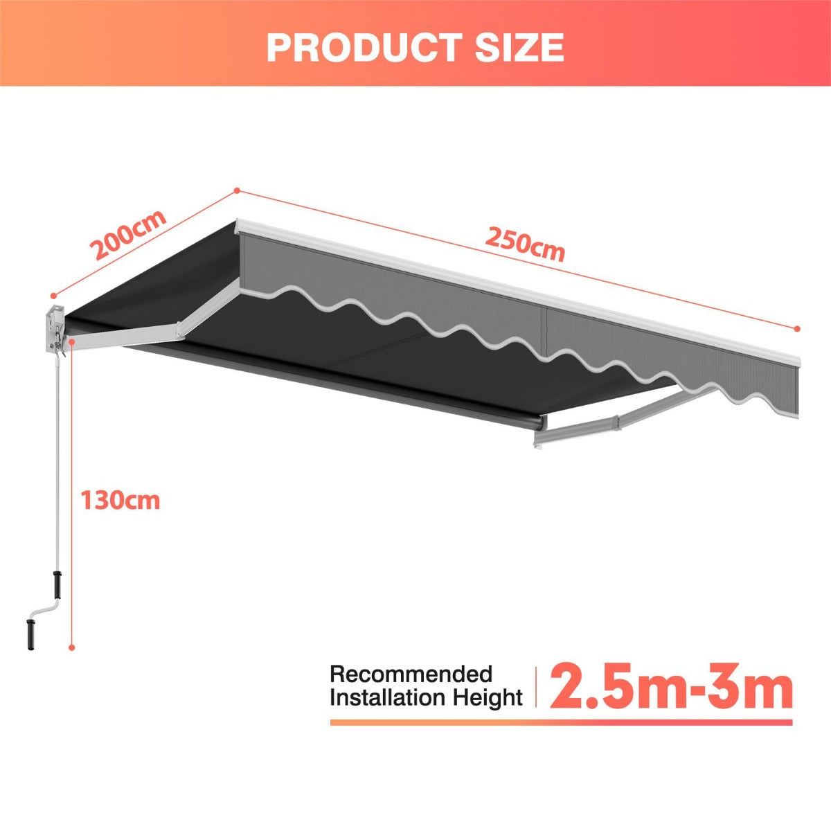 Aluminum Patio Sun Shade with Crank Handle and Water-Resistant Polyester-Grey