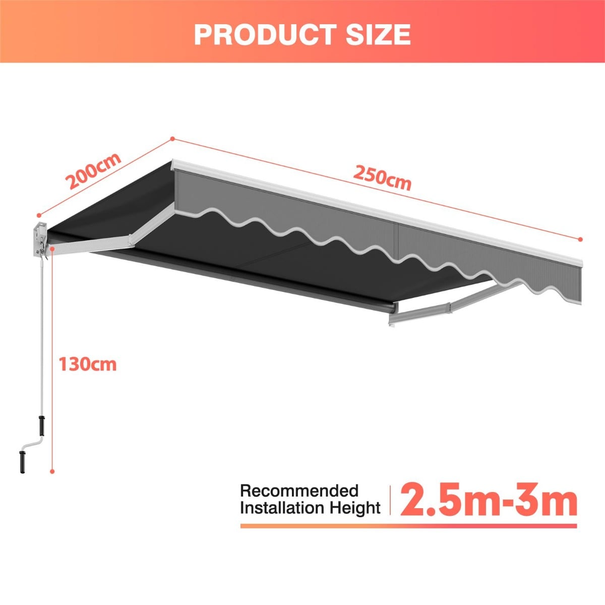 Aluminum Patio Sun Shade with Crank Handle and Water-Resistant Polyester-Grey