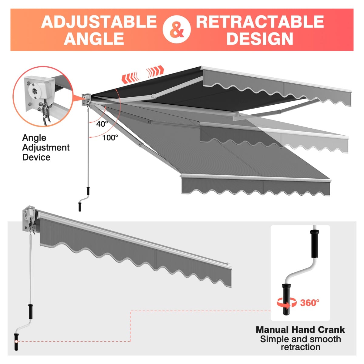 Aluminum Patio Sun Shade with Crank Handle and Water-Resistant Polyester-Grey