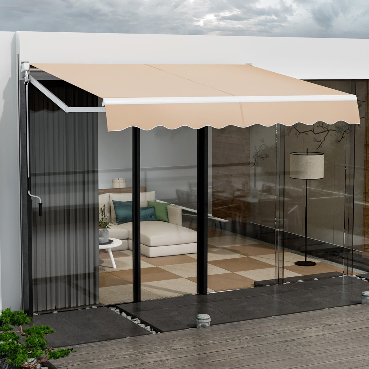Aluminum Patio Sun Shade with Crank Handle and Water-Resistant Polyester-Beige