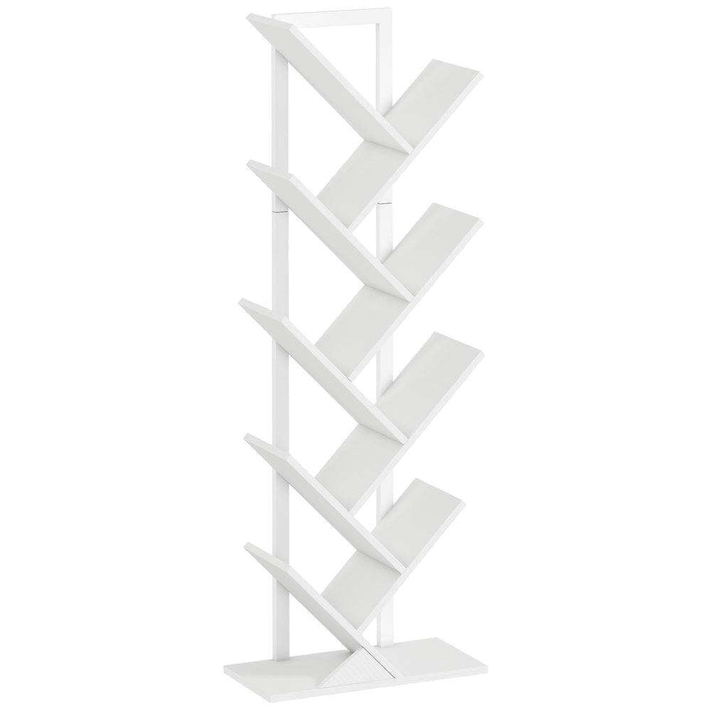HOMCOM 9-Tier Tree Bookshelf, Industrial Free Standing Bookcase with Steel Frame, Display Storage White