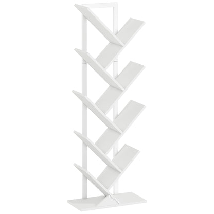 HOMCOM 9-Tier Tree Bookshelf, Industrial Free Standing Bookcase with Steel Frame, Display Storage White