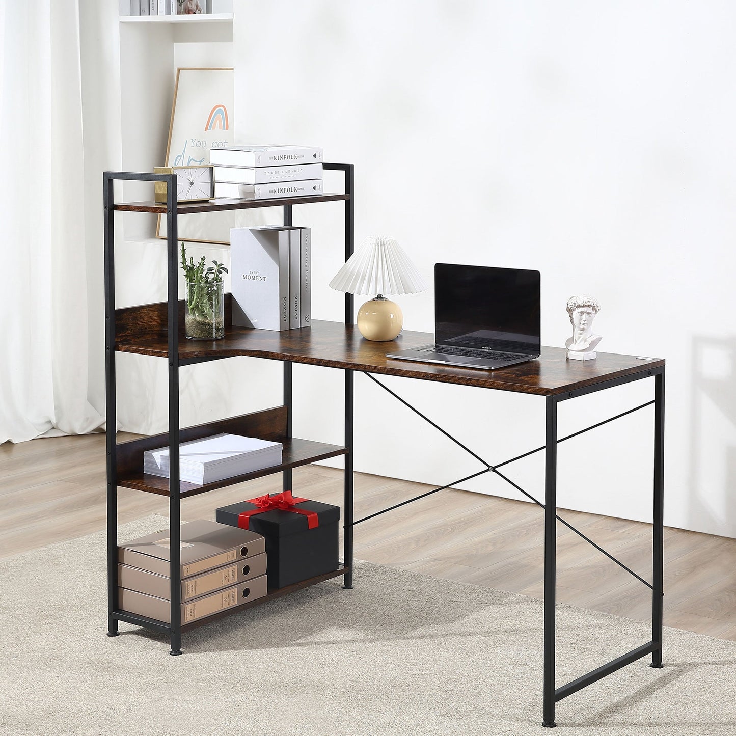 HOMCOM Office Desk with Storage Shelves, 120 CM Computer Desk, Industrial Study Table with Metal Frame for Home Office Small Space, Rustic Brown