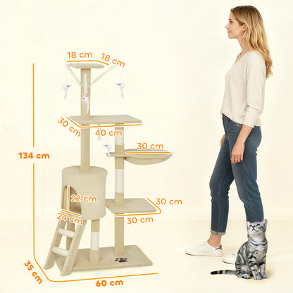 PawHut Multi-Level Cat Tower, 134cm Cat Tree with Condo and Sisal Scratching Posts for Indoor Kittens, Beige